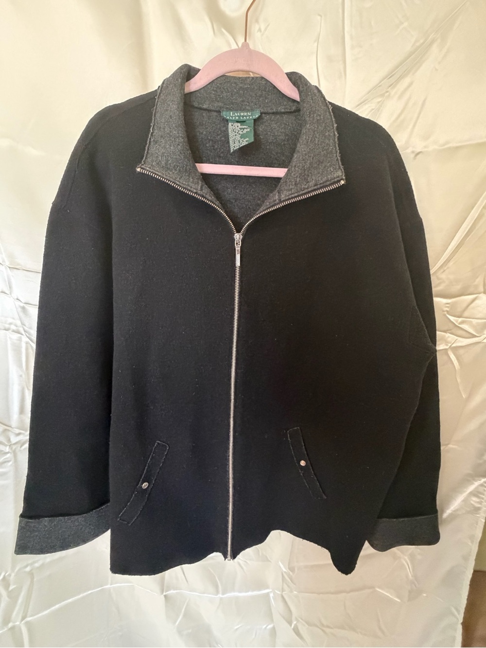 Lauren Ralph Lauren Women’s XL Black Wool Blend Full Zip Jacket Gray Collar